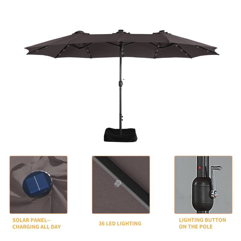 Clihome 15FT Double-Sided Solar Light Market Crank Umbrella with Base