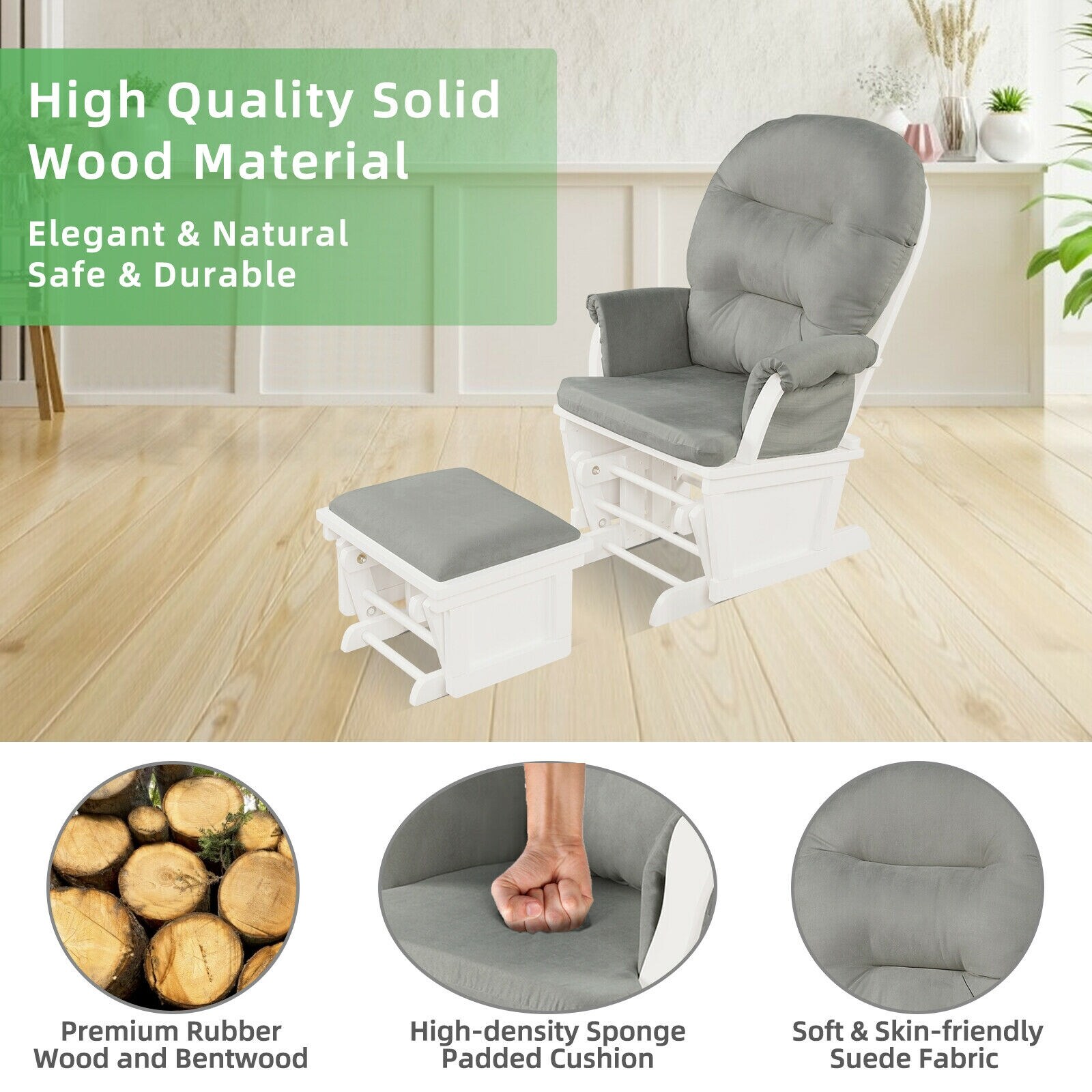 Gymax Wood Glider Ottoman Cushion Set Baby Nursery Rocking Chair