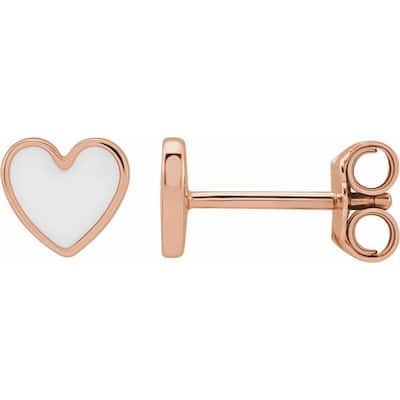 Curata 14k Rose Gold Polished White Enameled Friction Back Love Heart Stud Earrings - 5.88x5.48mm