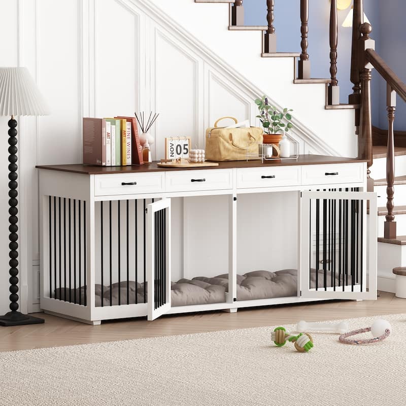 86.6"Wooden Dog Crate Kennel with 4 Drawers,Double Dog Crate Furniture