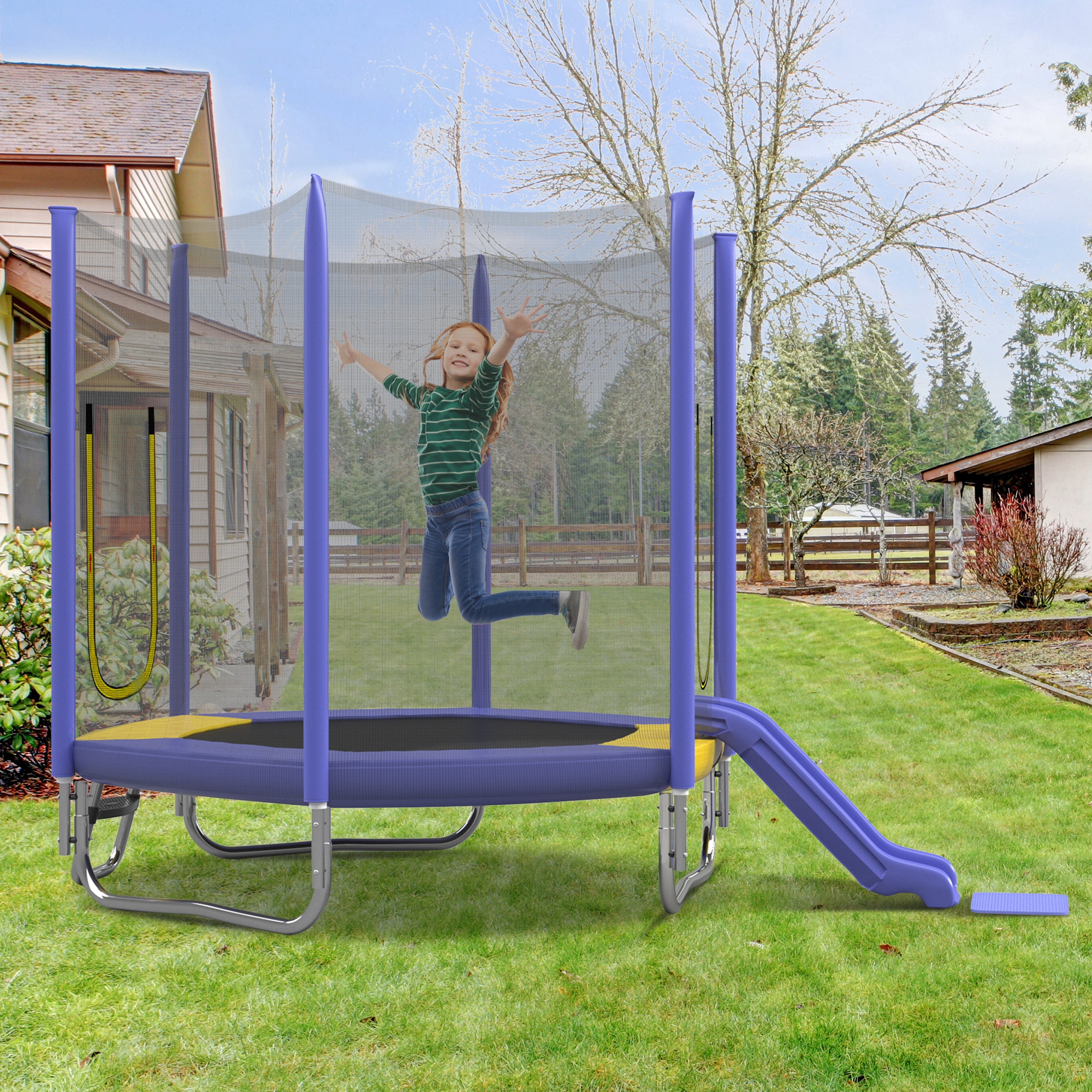 7FT Trampoline with Safety Enclosure Net, Slide and Ladder, Easy