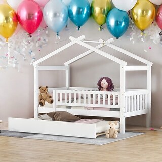 Twin Size Wooden House Bed With Twin Size Trundle for Home