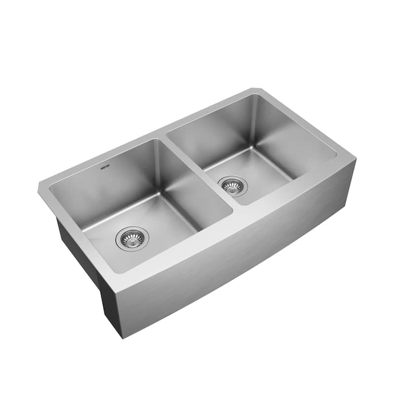 Karran Elite Apron-Front Stainless Steel 36 in. 16-Gauge Double Bowl Farmhouse Kitchen Sink Kit