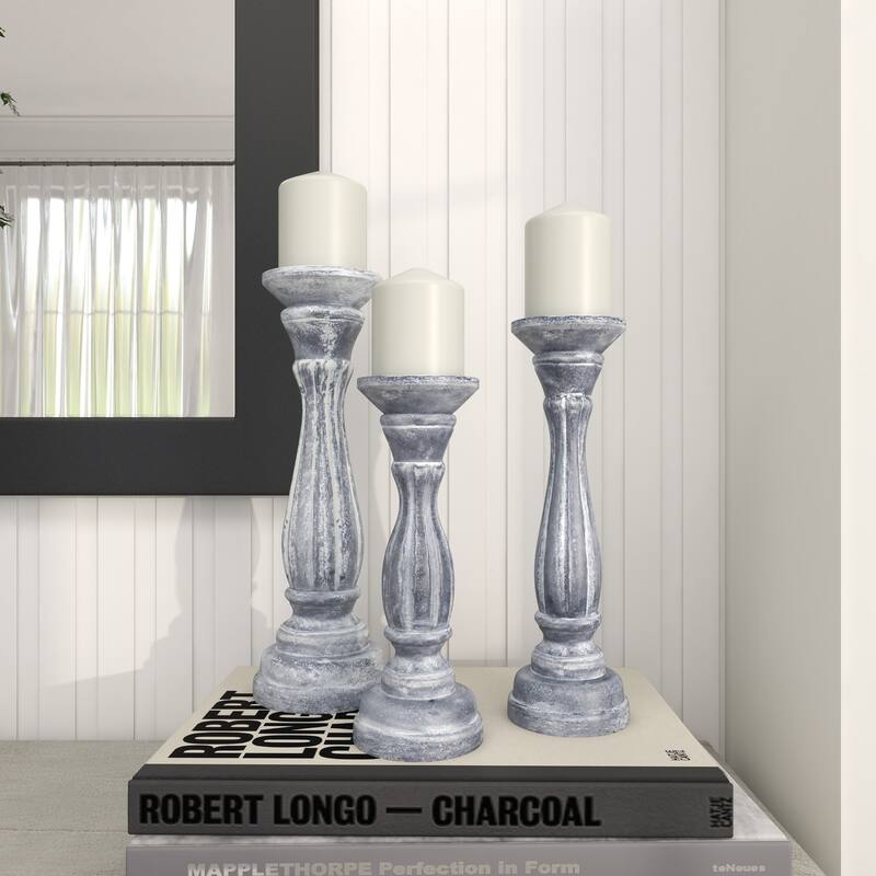 Gray, Green, Brown or Blue Wooden Distressed Turned Decorative Candle Holder (Set of 3)