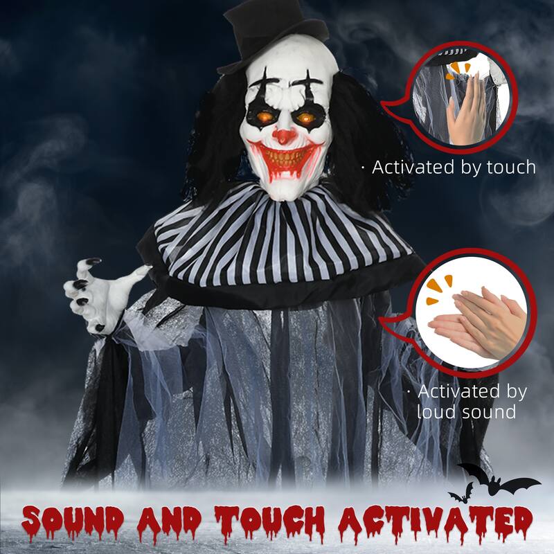 6FT Black White Striped Animatronic Clown Halloween Decor Motion Sound Activated