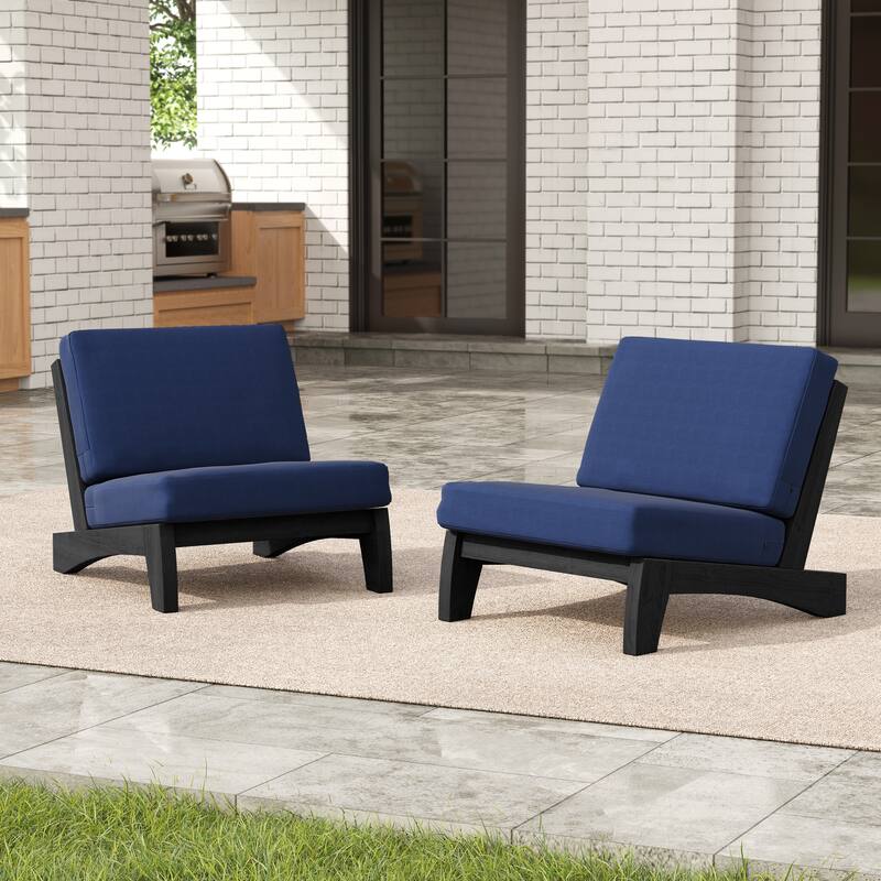 Beach-Style Outdoor Acacia Club Chair Set Loveseate with Plush All-Weather Cushions - Navy - 2 Set Club Chairs