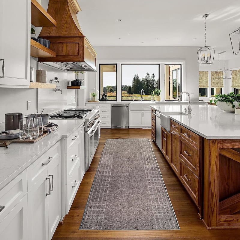 Custom Size Checkered Border Design Brown,Gray,Red Color Non-Slip Rubber Backing- 31 Inch WidexYour Choice of Length Runner Rug