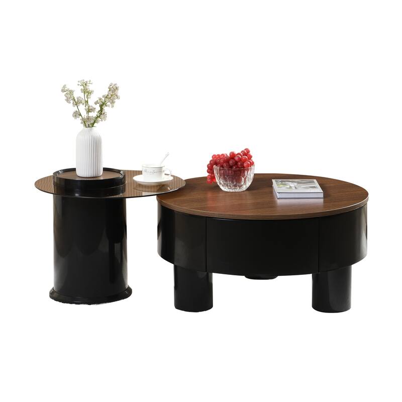 Nesting Coffee Table Set of 2, Round Coffee Table with Drawer, Circular Wood Center Table Set