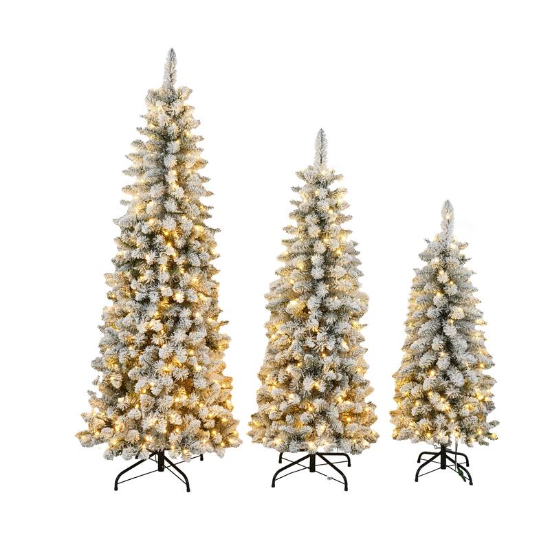 3 Pcs Flocked Natural Artificial Christmas Tree Set with Lights, 4ft 5ft 6ft Christmas Snow Tree Set, Christmas Decor
