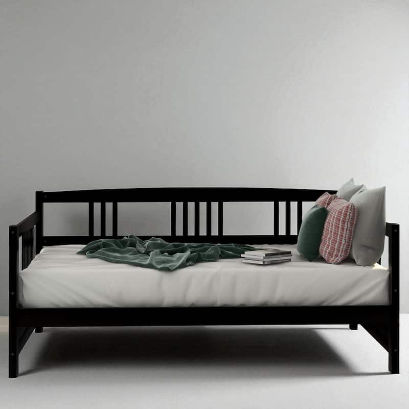 Modern Twin Size Solid Wood Daybed with 3-Sided Rail, Vintage Style Frame with Slats, Multifunctional Sofa Bed
