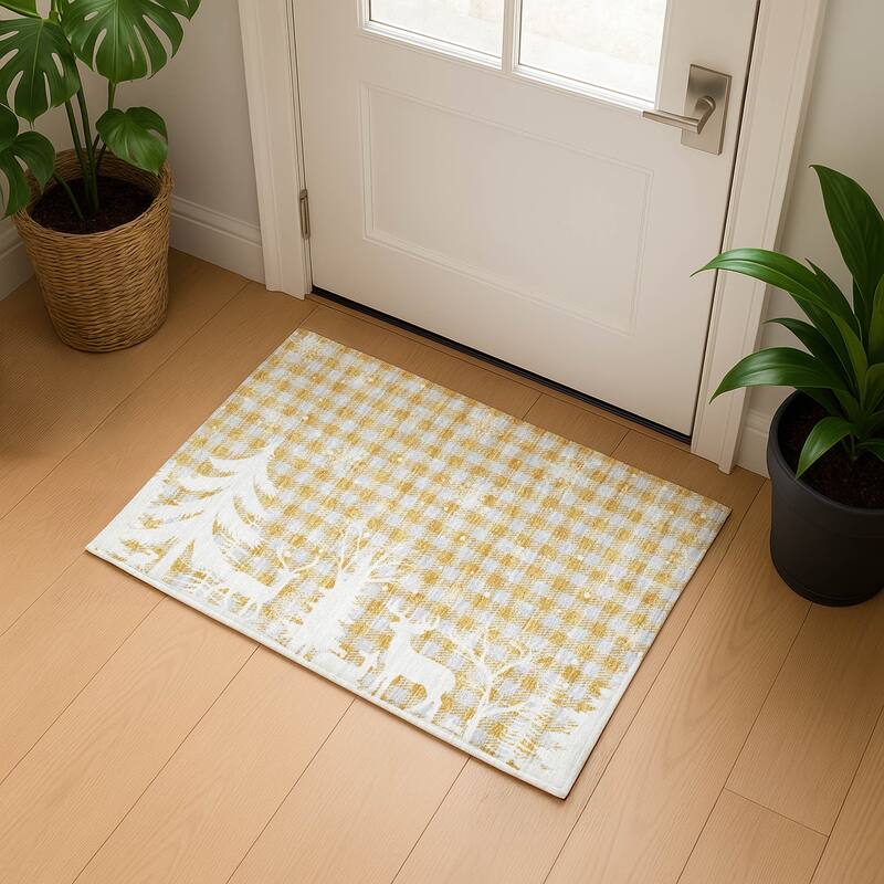 Premium Washable Super Soft Winter Reindeer Tree Mayfield Rug - Gold - 1'8" x 2'6"
