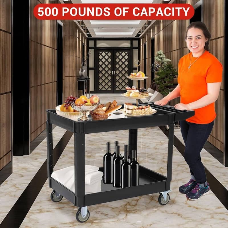 2 Tier Rolling Utility Service Cart with Storage Handle for Warehouse, Garage, Kitchen - N/A