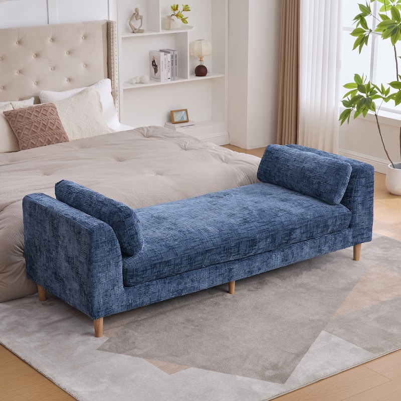 Modern 83.1" Upholstered End of Bed Bench with Armrests, Chenille Accent Reading Bench with Pillows and Wood Legs for Bedroom - Blue
