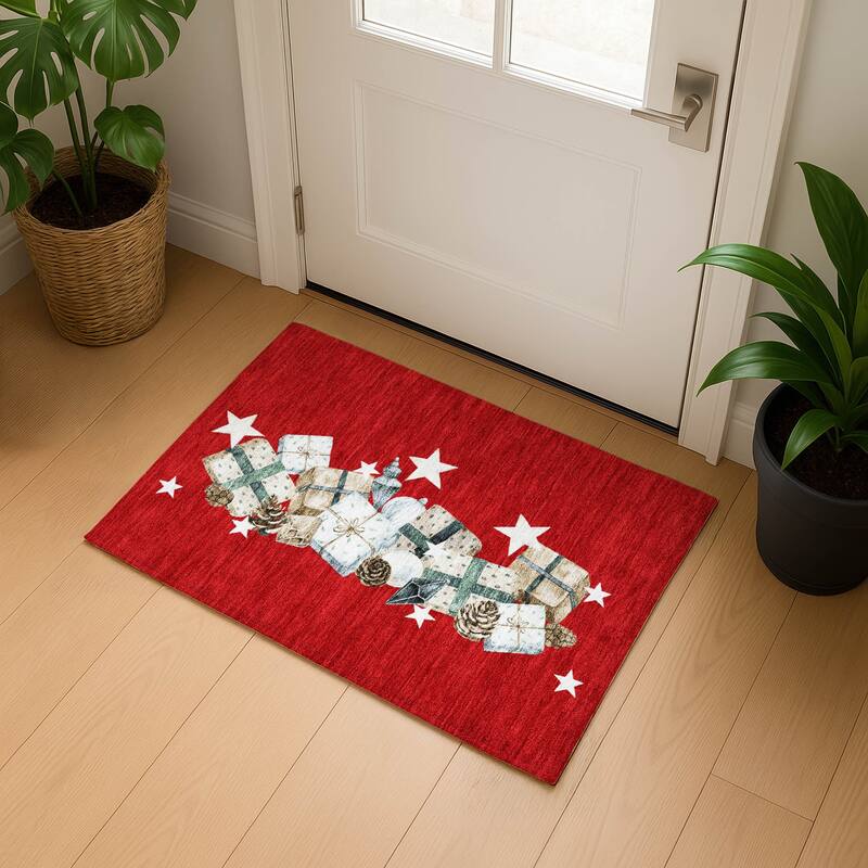 Premium Washable Super Soft Christmas Presents Mayfield Rug - Red - 1'8" x 2'6"