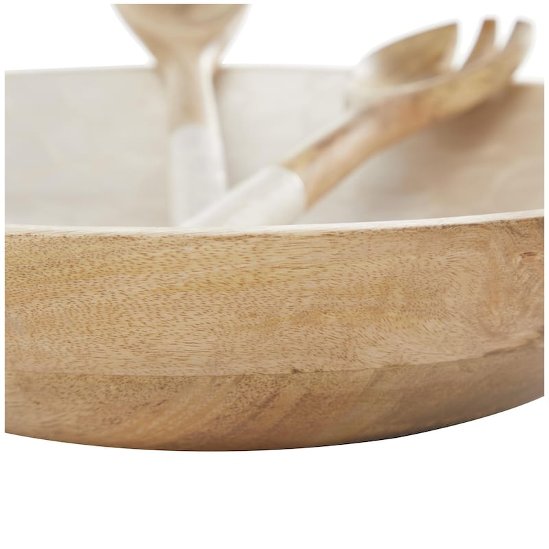 Mango Wood Handmade Decorative Bowl with Matching Salad Serving Utensils - Set of 3 Cream or Green - Roche River Decor