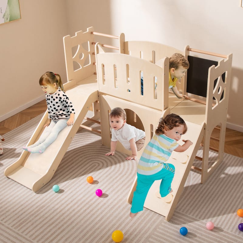 Wooden 8 in 1 Kids Indoor Playset with Slide Climbing Ramp Chalkboard and Storage Castle Activity Center for Toddlers