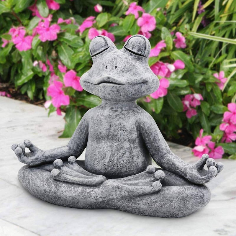 Zen Garden Meditating Yoga Frog Statue Indoor Outdoor Waterproof Poly Resin Décor - 12.5" Wx 4.9" D x 10" H