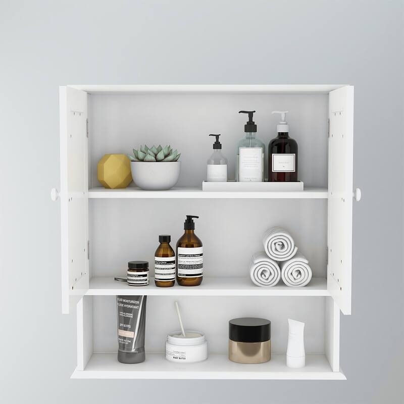 Anmytek White Wall Mounted Bathroom Mirror Cabinet with Open Shelf Bath Storage Over Toilet Organizer