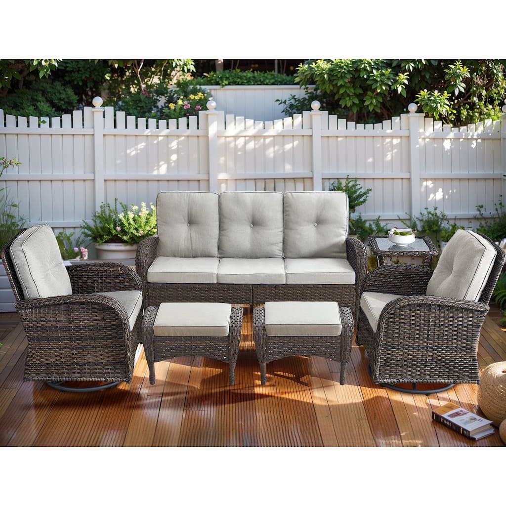Patio Sofa with 2 Swivel Chair and Ottomans - Brown