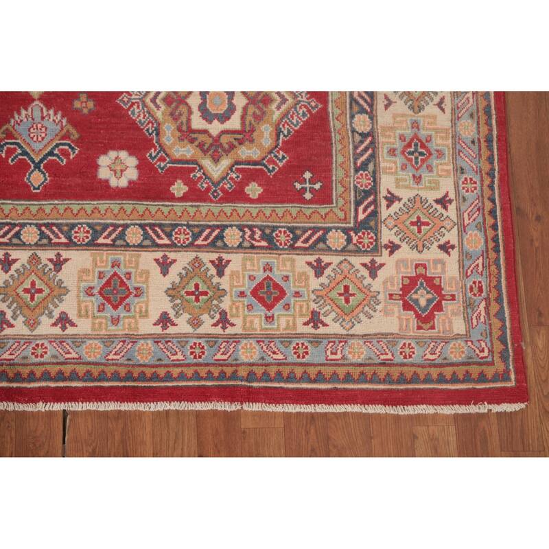 Red Geometric Kazak Oriental Area Rug Handmade Wool Carpet - 6'4" x 9'9"
