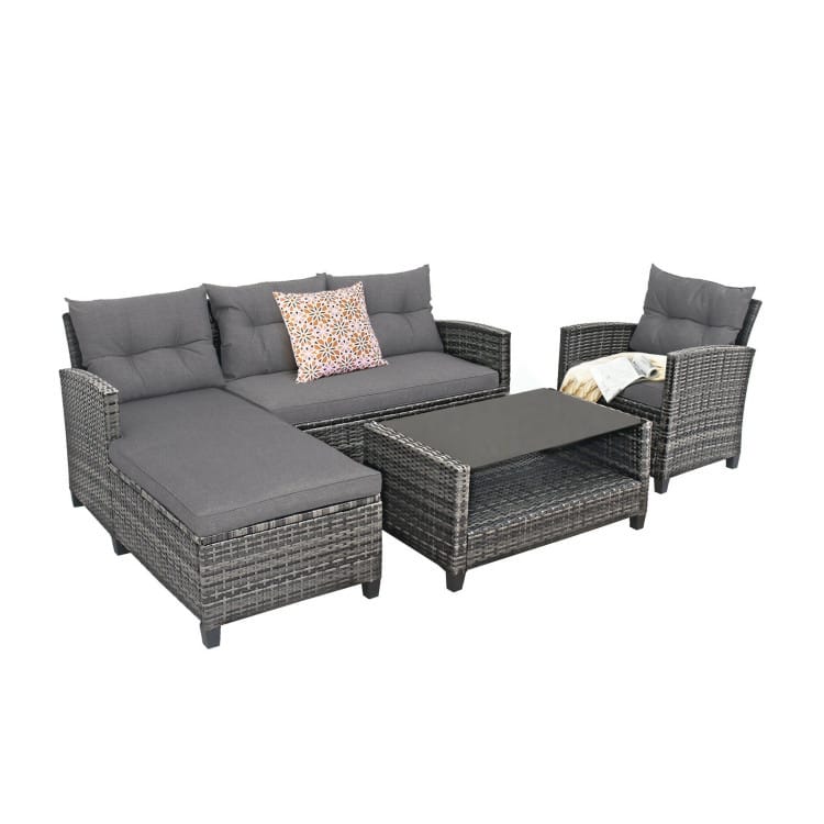 4 Pieces Patio Rattan Furniture Set with Cushion and Table Shelf - 27.5" x 47" x 30" (L x W x H)