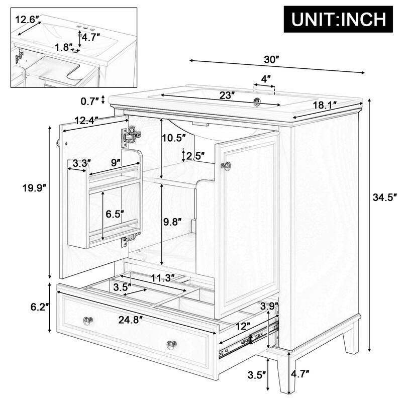 30" Bathroom Vanity with Sink Combo, Solid Wood Frame, Adjustable Shelf, Drawer & Cabinet Storage