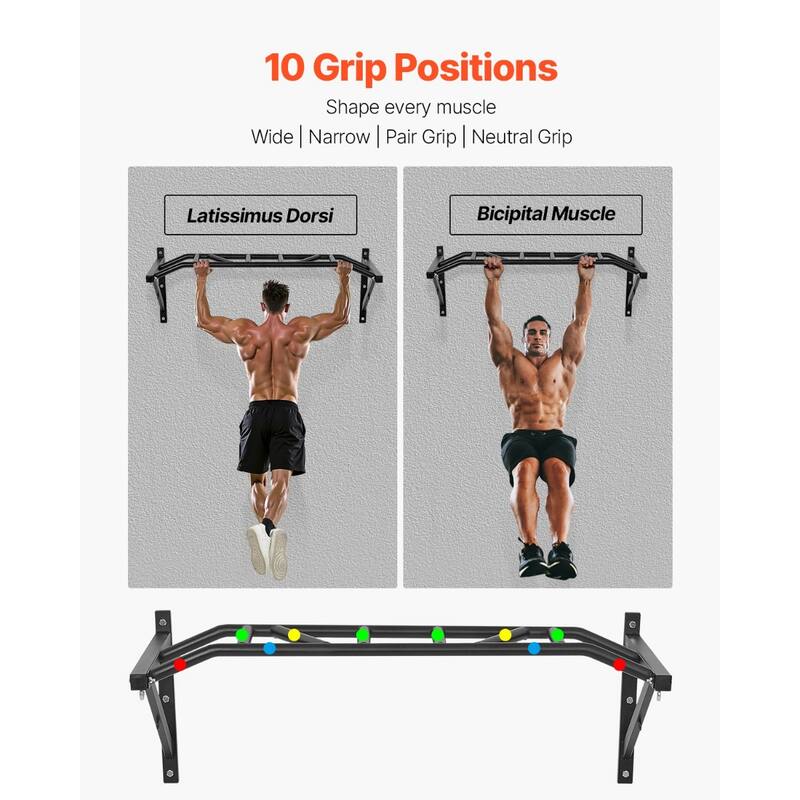 Black Wall Mounted Pull Up Bar with 10 Grip Positions Heavy Duty Steel Chin Up Bar for Home or Gym - 49.61” x 23.07” x 17.95”