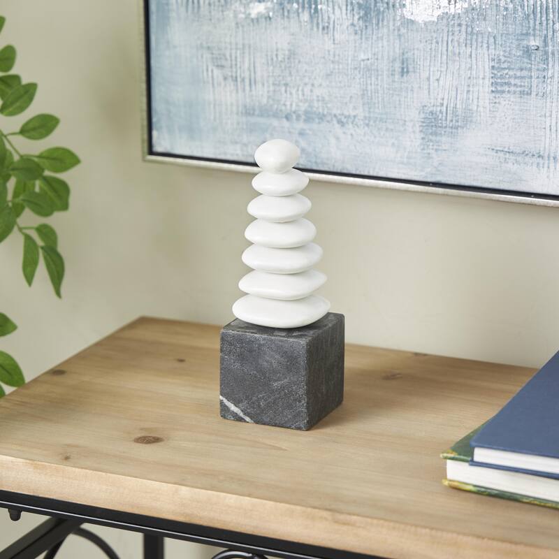 Marble Abstract Stacked Stone Sculpture with Black Block Base - White - Roche River Decor