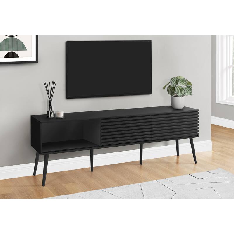 72-Inch TV Stand, Black Laminate, Solid Wood Legs, Media Console with Sliding Doors & Storage Shelves for Living Room