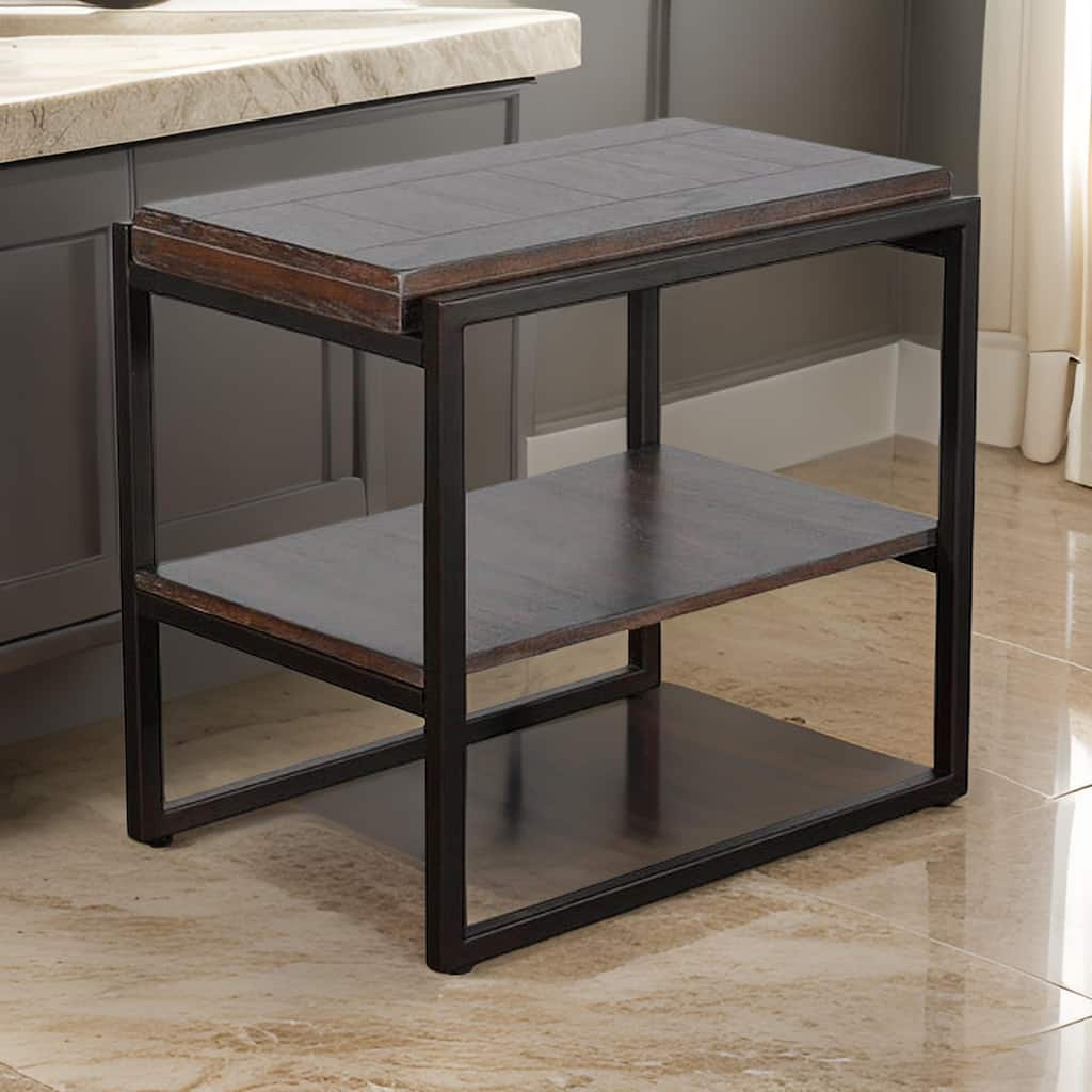 Lery Accent Chairside Table, Dark Brown Wood, Black Metal, 24 Inch