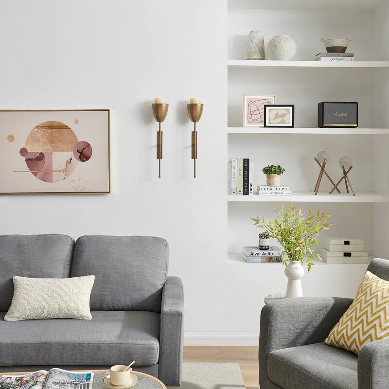 Antique Brass Mid-Century Modern Metal Wall Mount Vertical Pillar Candle Sconces Set of 2