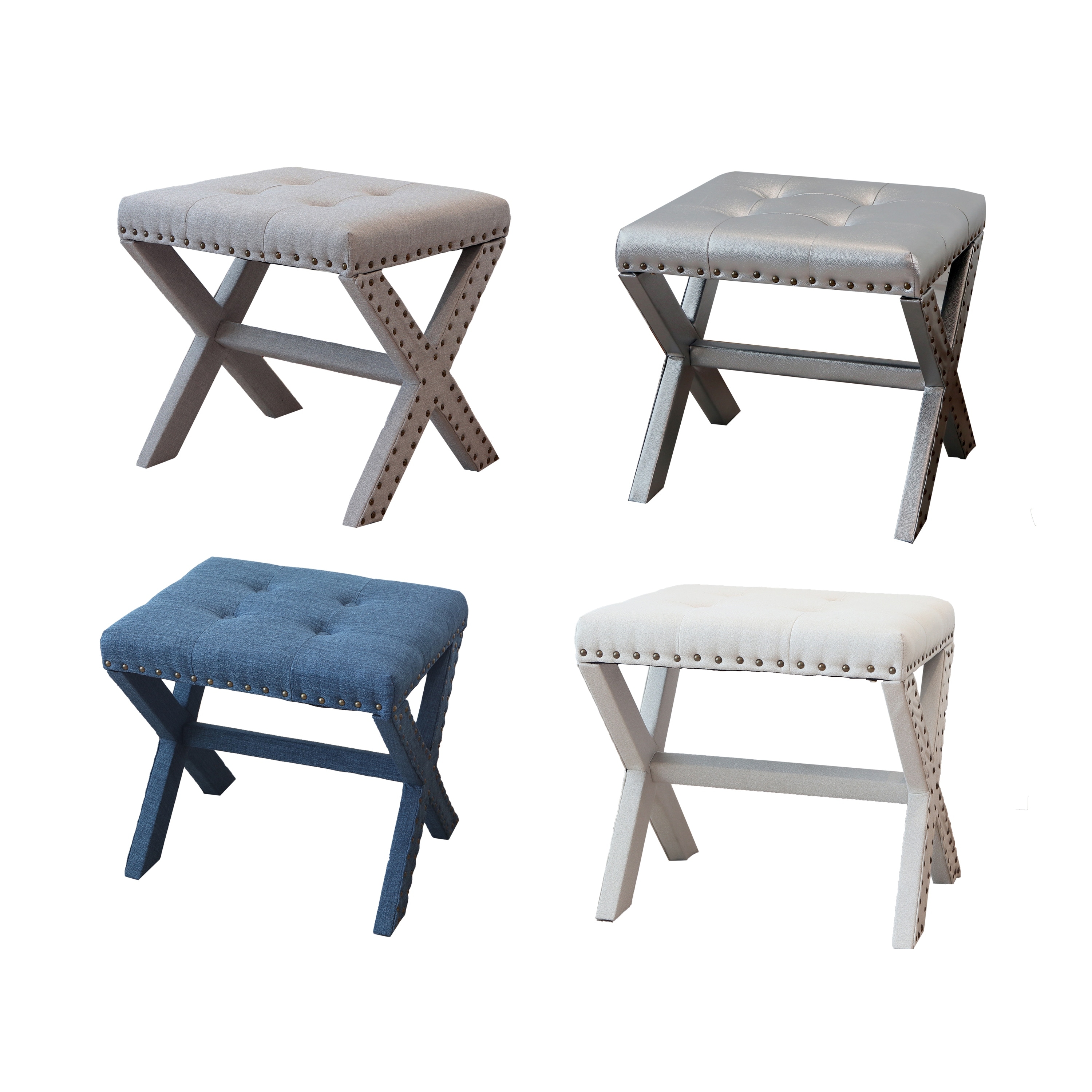 Modern Chic Vanity Stool X-Base Ottoman With Nailhead Trim (Set of 2)