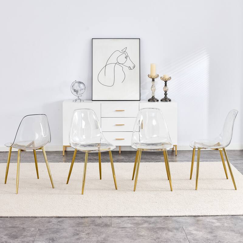 Roomfitters Transparent Armless Plastic Dining Chairs with Gold Metal Legs, Nordic Style Set of 4 for Home or Office, Golden