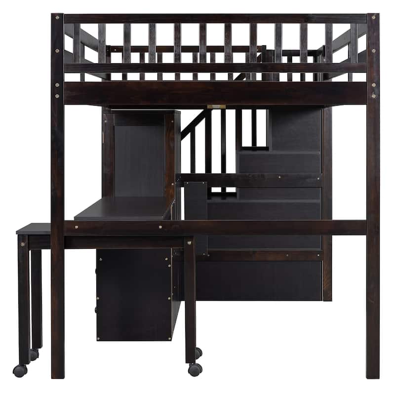 Twin/Full Size Wooden Loft Bed with Stairway and Bookshelf, Solid Pinewood Storage Playhouse Bed Frame with Desk and Wardrobe
