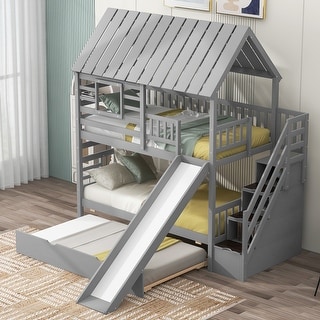 Twin House Bunk Bed with Trundle, Slide, and Storage Staircase, Grey