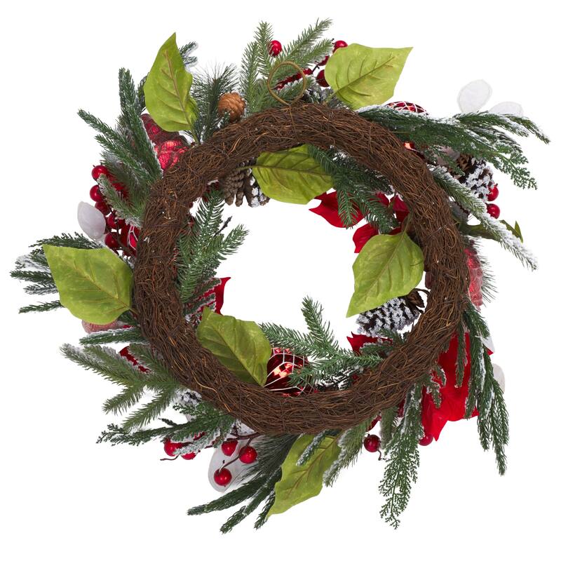 SAFAVIEH Home Faux 28-inch Snowy Needle Pine Wreath With Red Poinsettias & Ornaments