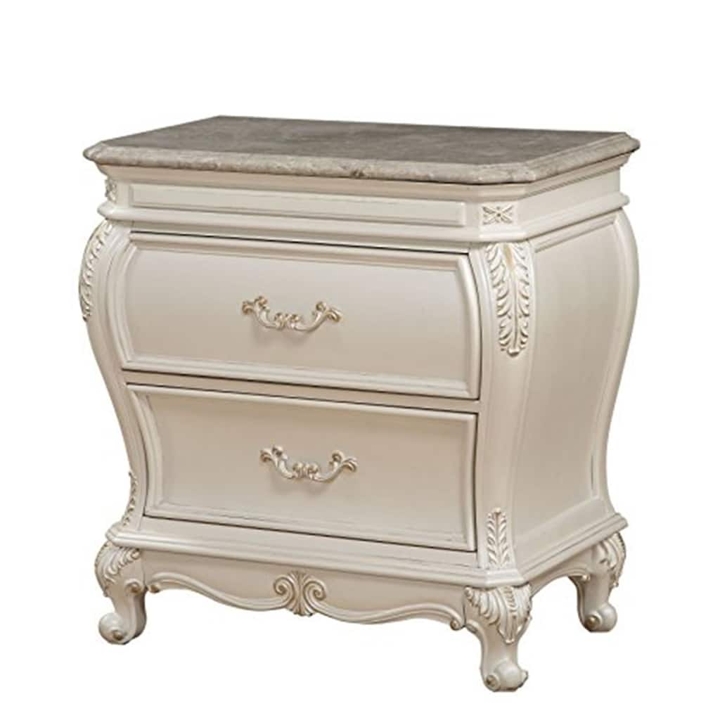 Pearl White Nightstand with Granite Top and Two Drawers - Elegant Bedside Storage Table