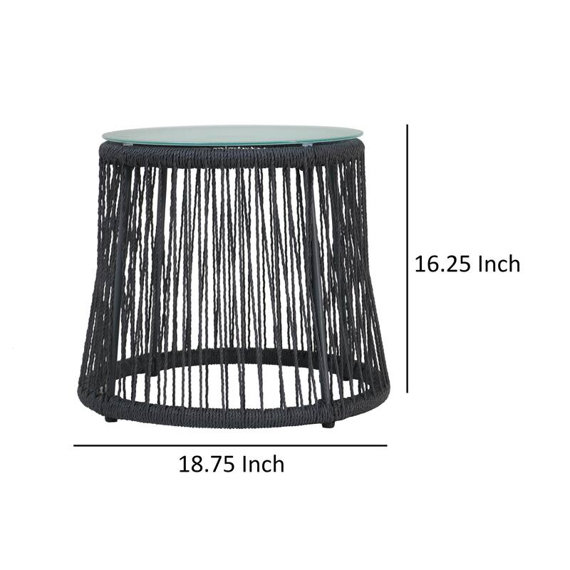 Penny Outdoor Side End Table, 19 Inch Glass Top, Black Rope Woven Base