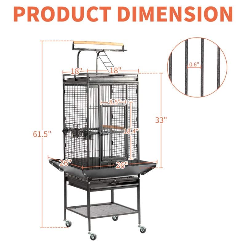 61 Inch Wrought Iron Large Rolling Bird Cage With Play Top And Stand For Parrots Lovebird Cockatiel Parakeets