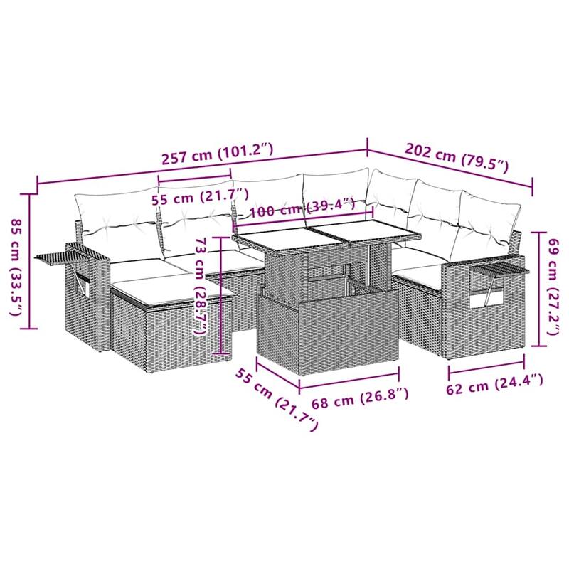 vidaXL Patio Sofa Set with Cushions Outdoor Furniture 8 Piece Poly Rattan - 21.7 x 39.4 x 28.7
