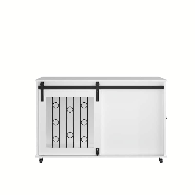 39.37'' Wooden Dog Crate Furniture with Sliding Barn Door, Decorative Pet Crate with Metal Bars and Lockable Wheels