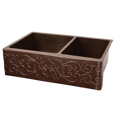 33" Hammered Copper Apron Front 60/40 Double Basin Kitchen Sink with Scroll Design (KA60DB33229S)