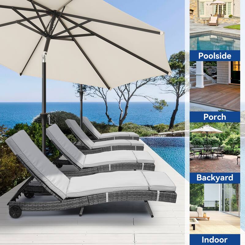 Wicker recliner, outdoor PE cane pool recliner with adjustable back and removable mat and wheels