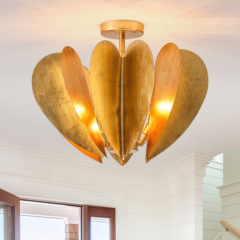 19-Inch Antique Gold Heart Semi Flush Mount Ceiling Light for Bedroom