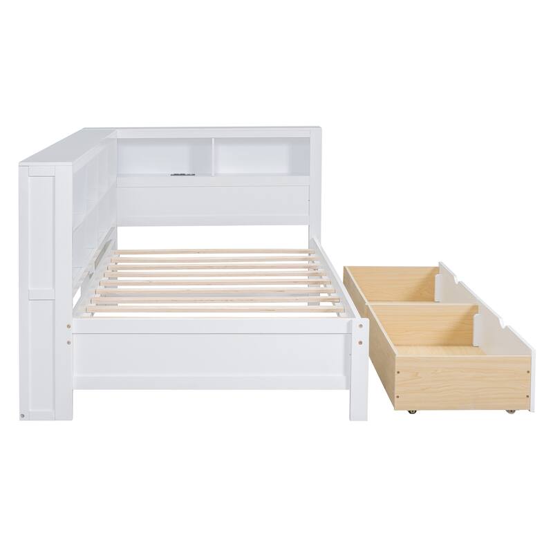 Wooden DayBed with 2 Drawers, Storage Shelf and USB Charging Ports