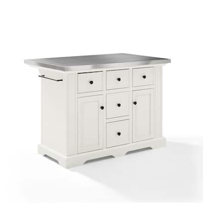 Multi-Functional Kitchen Island with Stainless Steel Top, 5 Drawers, Cabinets, Spice Rack, and Towel Bar