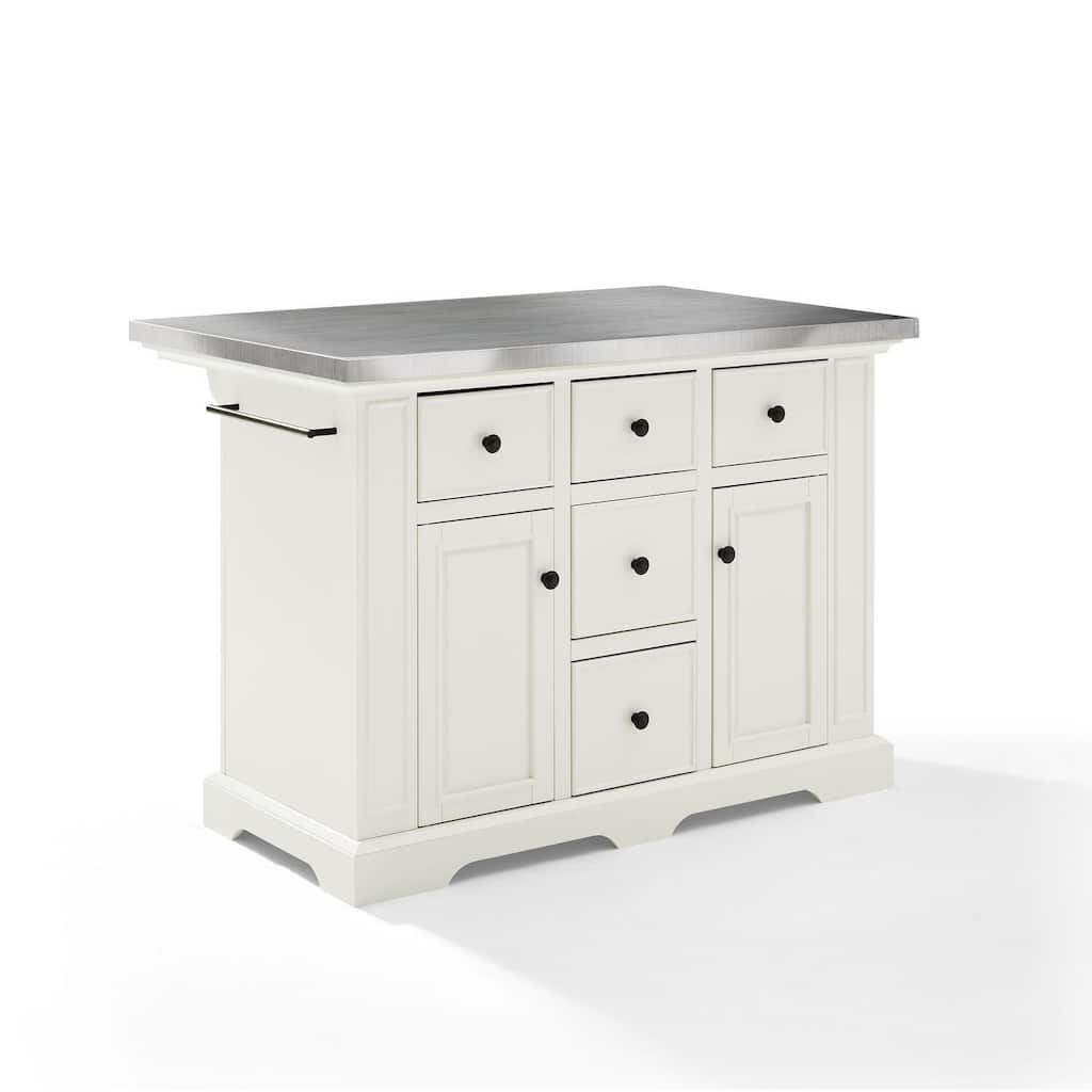 Multi-Functional Kitchen Island with Stainless Steel Top, 5 Drawers, Cabinets, Spice Rack, and Towel Bar