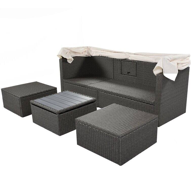Outdoor Patio Rectangle Daybed with Retractable Canopy with Cushions