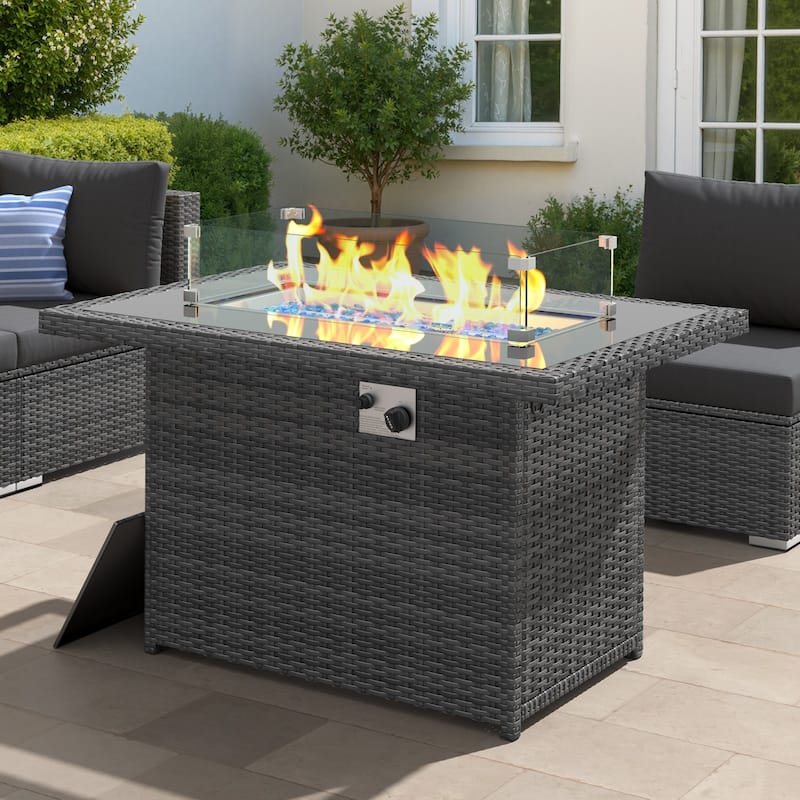 43" Wicker Outdoor Propane Fire Pit Table, 60,000 BTU, Wind Guard - Grey