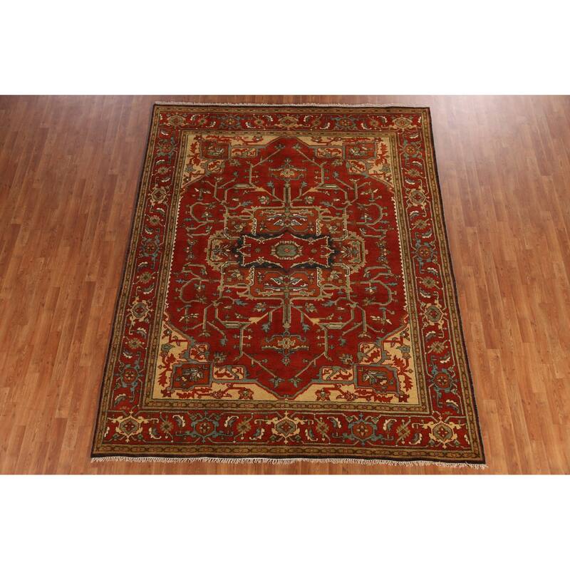 Medallion Heriz Serapi Indian Area Rug Hand-Knotted Floral Wool Carpet - 7'11" x 9'10"
